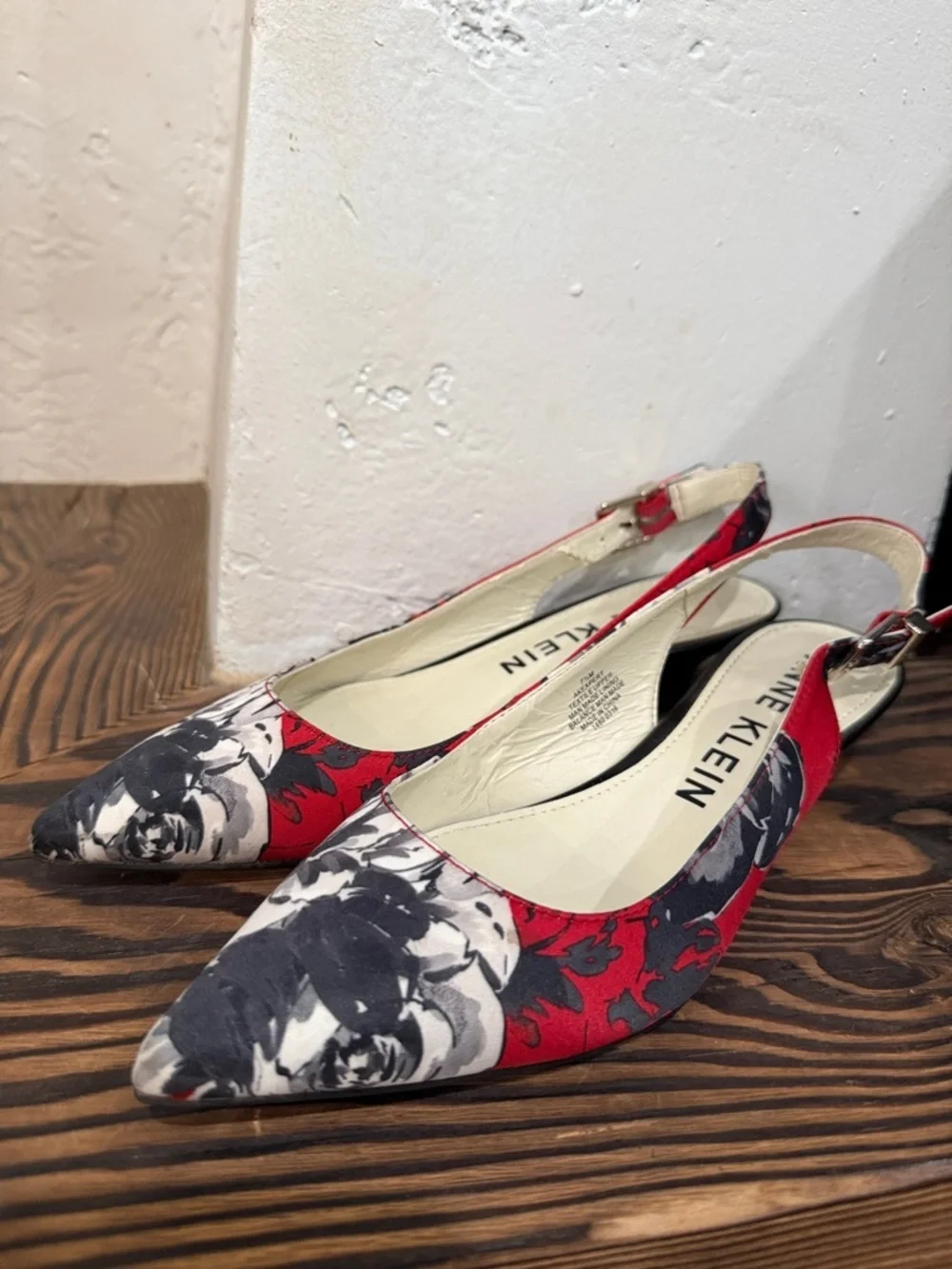 Anne Klein Red and Black Floral Pointed Slingback Kitten Heel Pumps